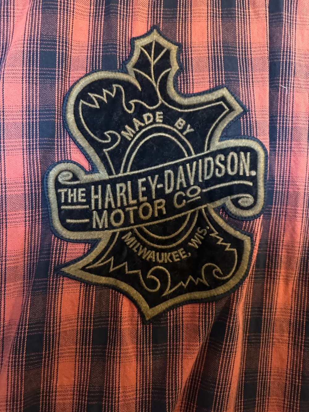 Men’s Harley-Davidson Orange and Black Plaid Button-Down with Embroidered Patch